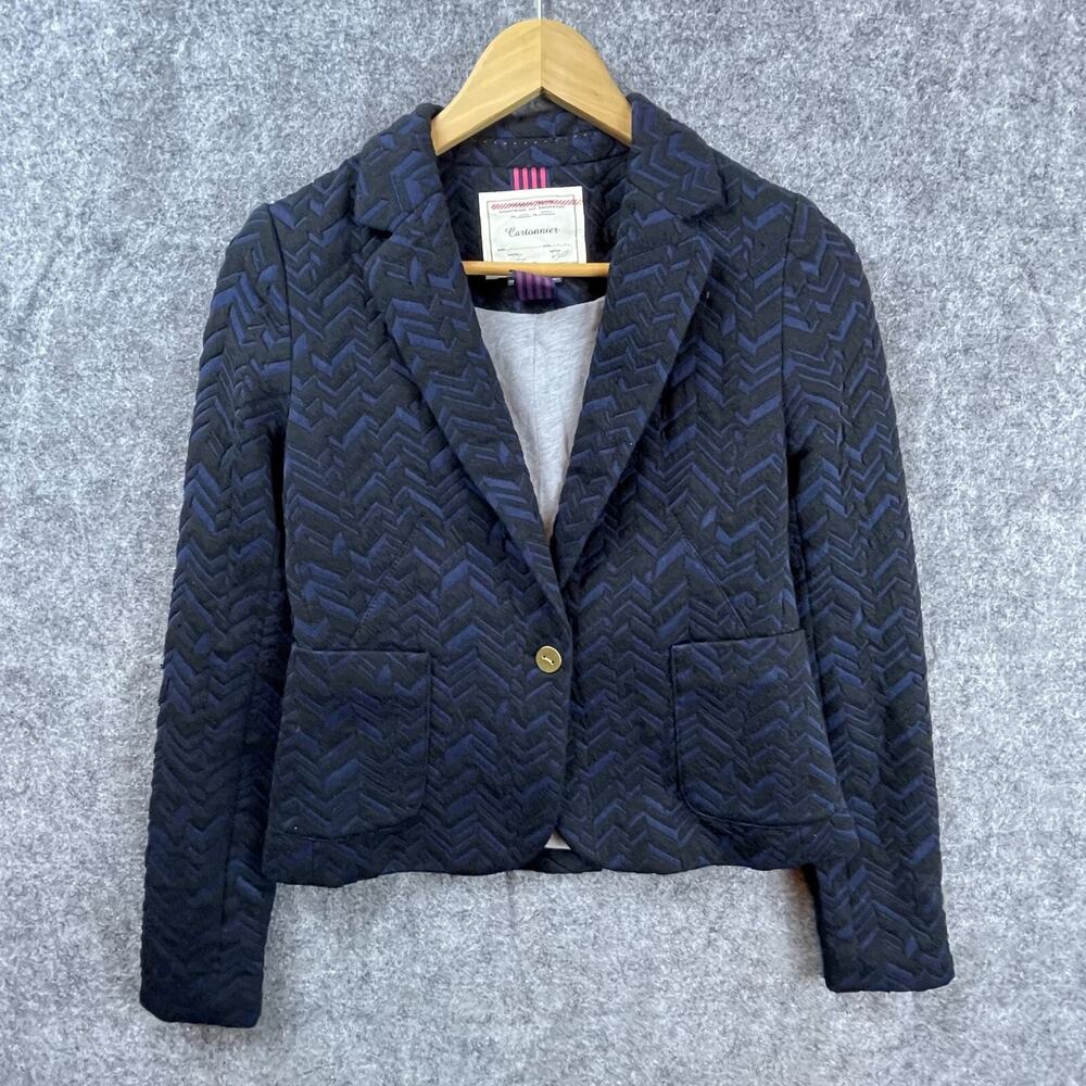 Anthropologie Cartonnier Bas Relief Blazer Jacket Womens 2 Blue Black Chevron